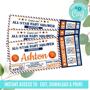 Puede incluir: Una invitación imprimible para baby shower azul y naranja con temática de baloncesto. La invitación dice "Game on! All-Star Baby Shower Honoring Ashton" e incluye un gráfico de baloncesto, la fecha "Saturday, Apr 20" y la hora "2:00 PM".