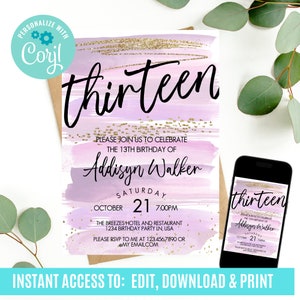 13th birthday invitation, girl invitations, editable invitation, teenage girl birthday invitation, thirteenth birthday invitation