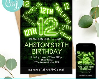 12th birthday, 12th birthday invitation, birthday invitation, birthday invitations for boys, Neon Birthday Invite, boys 12th birthday