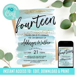 14th birthday invite, girl invitations, birthday invitation, fourteen invitation, teenage girl birthday invitation
