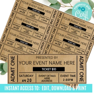 Vintage Ticket Printables, bearbeitbare Ereignistickets, Ereignisticketvorlage zum Ausdrucken, DIY-Veranstaltungsticket, Gefälschter bearbeitbarer Pass, Sofort-Download
