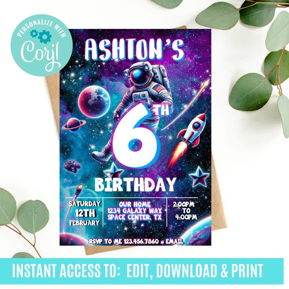 Outer Space Birthday Invitation, Astronaut Outer Space Invite, Galaxy Invite, Astronaut birthday invitation, Space Invitation Kids Party