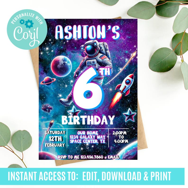 Op de afbeelding: Een verjaardagsuitnodiging met een ruimtethema. Het toont een astronaut in een blauwe en paarse galaxie met een raket en sterren. De tekst luidt "Ashton's 6th Birthday" met details voor het feest.