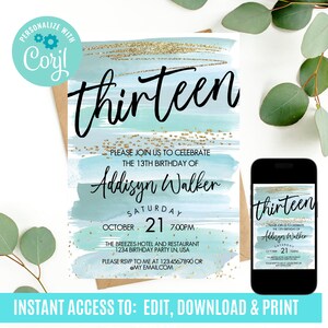 13th birthday invitation, girl invitations, teen birthday invitation, editable invitation, teenage girl birthday invitation