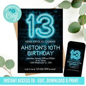 Any Age, Neon Light Birthday Invitation, 13th Birthday Invitation, Boys 13th Birthday Invitation, Glow in the dark birthday Invitation