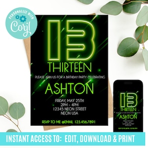 EDITABLE Neon Birthday Invitation, Blue Birthday Invitation, 13th Birthday Invitation, Teenager Birthday Invitation 13 Year Old Boy Birthday