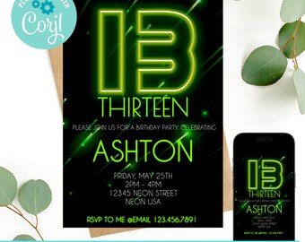EDITABLE Neon Birthday Invitation, Blue Birthday Invitation, 13th Birthday Invitation, Teenager Birthday Invitation 13 Year Old Boy Birthday
