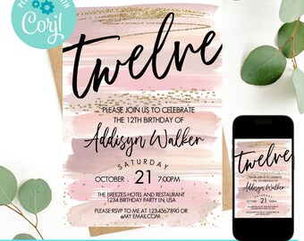 May include: Pink and gold birthday invitation with the text "twelve" in black script. The invitation is for Addisyn Walker's 12th birthday party on October 21st at 7:00 PM at The Breezes Hotel and Restaurant. The invitation includes the address and RSVP information.