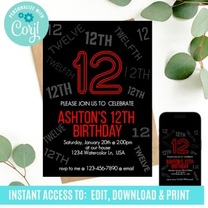 12th birthday, 12th birthday invitation, birthday invitations for boys, Neon Birthday Invite, boys 12th birthday, neon light