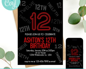 12th birthday, 12th birthday invitation, birthday invitations for boys, Neon Birthday Invite, boys 12th birthday, neon light