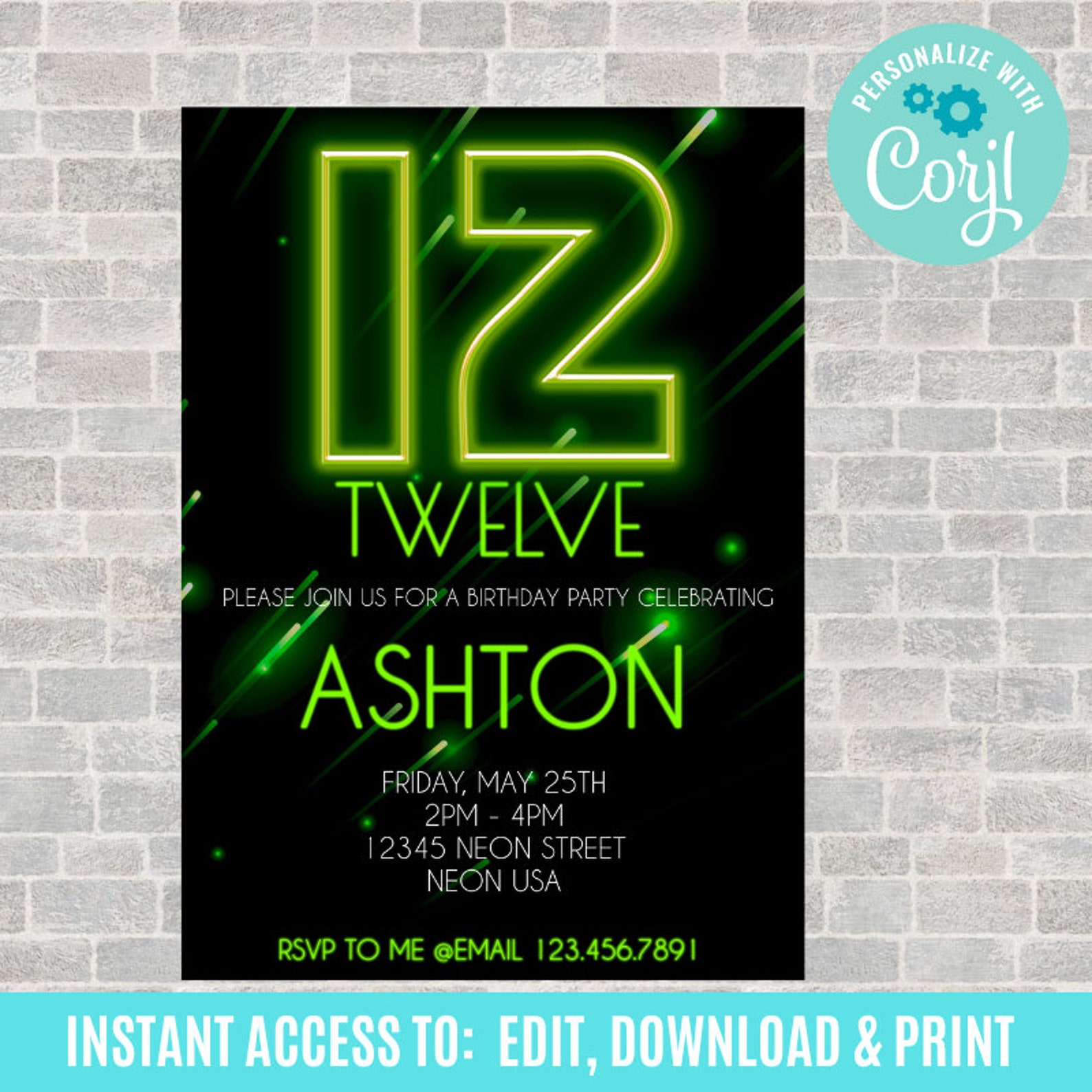 Neon Birthday Invitation Neon Birthday Invite Glow in the Etsy