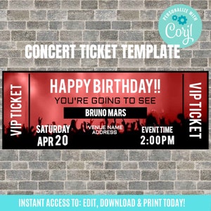 Event-Konzertticket, druckbares Konzertticket-Geschenk, personalisiertes Ereignisticket, herunterladbare Ticketvorlage, druckbares Konzertticket