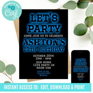 13th birthday invitation, thirteenth birthday invitation, Black and blue birthday invitation, Neon Birthday Invitation, 13th birthday invite