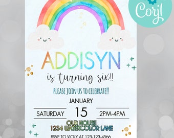 Rainbow Birthday Invitation Download, Party Invite, Editable Rainbow invite, Watercolor invitation, Rainbow birthday invitation