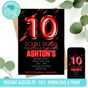 Neon Light Birthday Invitation, 10th Birthday Invitation, Double Digits Birthday Invitation, Glow in the dark birthday Invitation