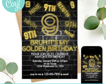 Bruh birthday invitation, 9th birthday invitation, bruh invite, Neon birthday invitation, Golden Birthday, Bruh it's my birthday
