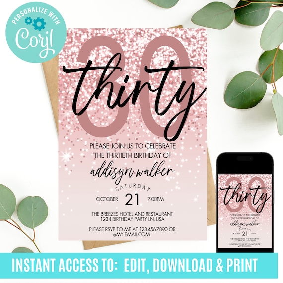 30th birthday invitation, 30th birthday invitation template, birthday invitation, 30th birthday invitations for women, 30th birthday invite
