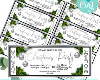 May include: A printable Christmas party invitation ticket with a silver and green design. The ticket says "You are invited to our Christmas Party" with the date, time, and location. It also says "RSVP to me @ [email protected]"