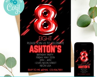 8th birthday invitation, birthday invitations for boys, Neon Birthday Invite, boys 8th birthday, Glow in the dark invite, Neon Light invite