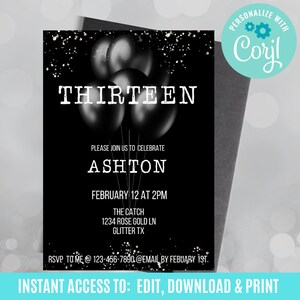 Black invitation, 13th birthday invitation, thirteenth birthday invitation, 13th birthday invitation, thirteenth birthday party invitation