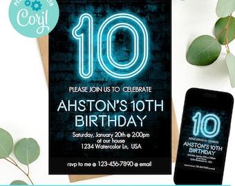 Any Age, Neon Light Birthday Invitation, 10th Birthday Invitation, Double Digits Birthday Invitation, Glow in the dark birthday Invitation