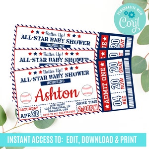 Baseball baby shower, Baseball ticket invitation,  All Star baby shower invitation, Baseball baby shower invitation