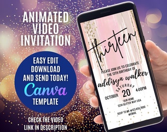 May include: A pink and gold animated video invitation for a 13th birthday party. The invitation features the text "Thirteen" in black script font and the name "addisyn walker" in black text. The invitation also includes the date, time, and location of the party.