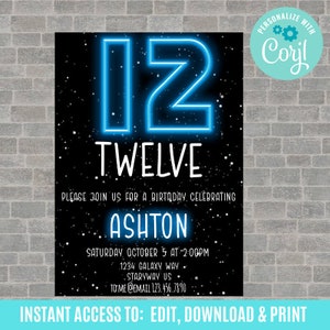Galaxy Birthday Invitation, 12th birthday invitation, Tween birthday party invitation, galaxy theme digital invitation, neon birthday invite