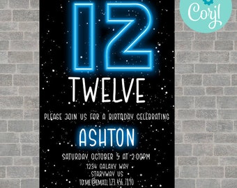 May include: A black and blue birthday invitation with a neon blue number 12 and the text "TWELVE" above it. The invitation is for Ashton's 12th birthday party. The text "PLEASE JOIN US FOR A BIRTHDAY CELEBRATING" is above the name Ashton. The date and time of the party are listed below the name. The address is listed below the date and time. The text "TO ME @EMAIL 123.456.7890" is below the address. The text "PERSONALIZE WITH CORYL" is in the upper right corner of the invitation.