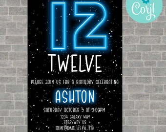 Galaxy Birthday Invitation, 12th birthday invitation, Tween birthday party invitation, galaxy theme digital invitation, neon birthday invite