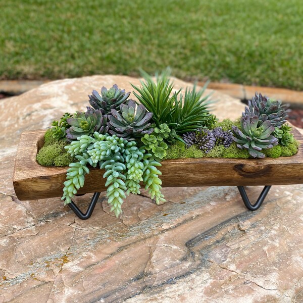 LIVE EDGE wood faux succulent arrangement,table centerpiece, artificial succulents ,wooden succulent planter, unique gift ideas ,plant decor
