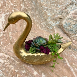 Brass Swan Planter: Faux Succulent Arrangement, Handmade Home Decor