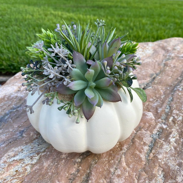 succulent pumpkin , fall centerpiece , autumn decor , faux, dining table, arrangement,artificial succulents, succulent planter ,fake