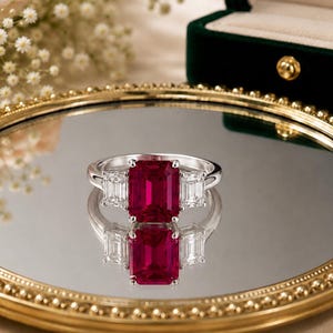 Peut inclure: Une bague en argent ornée d'une grande pierre rouge rectangulaire taille émeraude au centre, flanquée de deux pierres blanches transparentes plus petites de taille rectangulaire à degrés, sur un anneau en argent poli.