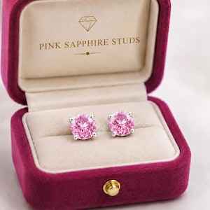 Genuine Pink Sapphire Stud Earrings Round Gemstone Earring, Ceylon Sapphir Engagement Studs