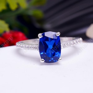 Cushion Blue Sapphire Ring, Cornflower Blue Sapphire Ring September Birthstone Ring Statement Ring Wedding Ring Silver Ring Gemstone Ring