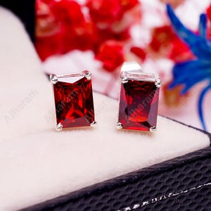 AAA Ruby Stud Earrings Mozambique Ruby Earrings Sterling Silver Earrings Ruby Radiant Gemstone Earrings July Birthstone Christmas Jewelry