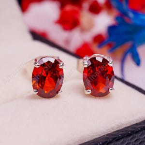 Ruby Earrings Genuine Mozambique Ruby Stud Earrings Sterling Silver Earrings Ruby Oval Stud Gemstone Earrings July Birthstone Christmas Gift