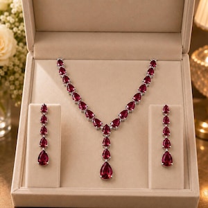 May include: A jewellery set consisting of a necklace and two matching drop earrings. The necklace features a series of deep red, pear-shaped stones set in silver-toned metal, arranged in a V-shape with a central drop. Each earring has four matching stones.