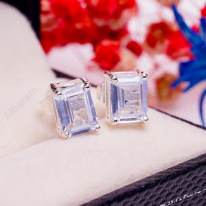 Brazilian Aquamarine Stud Earrings Aquamarine Earrings Radiant Gemstone Earrings Sterling Silver Stud March Birthstone Jewelry ChristmasGift