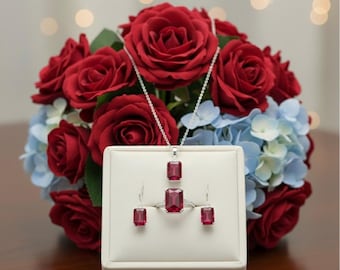 Mozambique Ruby Jewelry Set Red Ruby Necklace BloodRuby Earrings And Ring Gemstone Jewelry July Birthstone Valentine Gifts