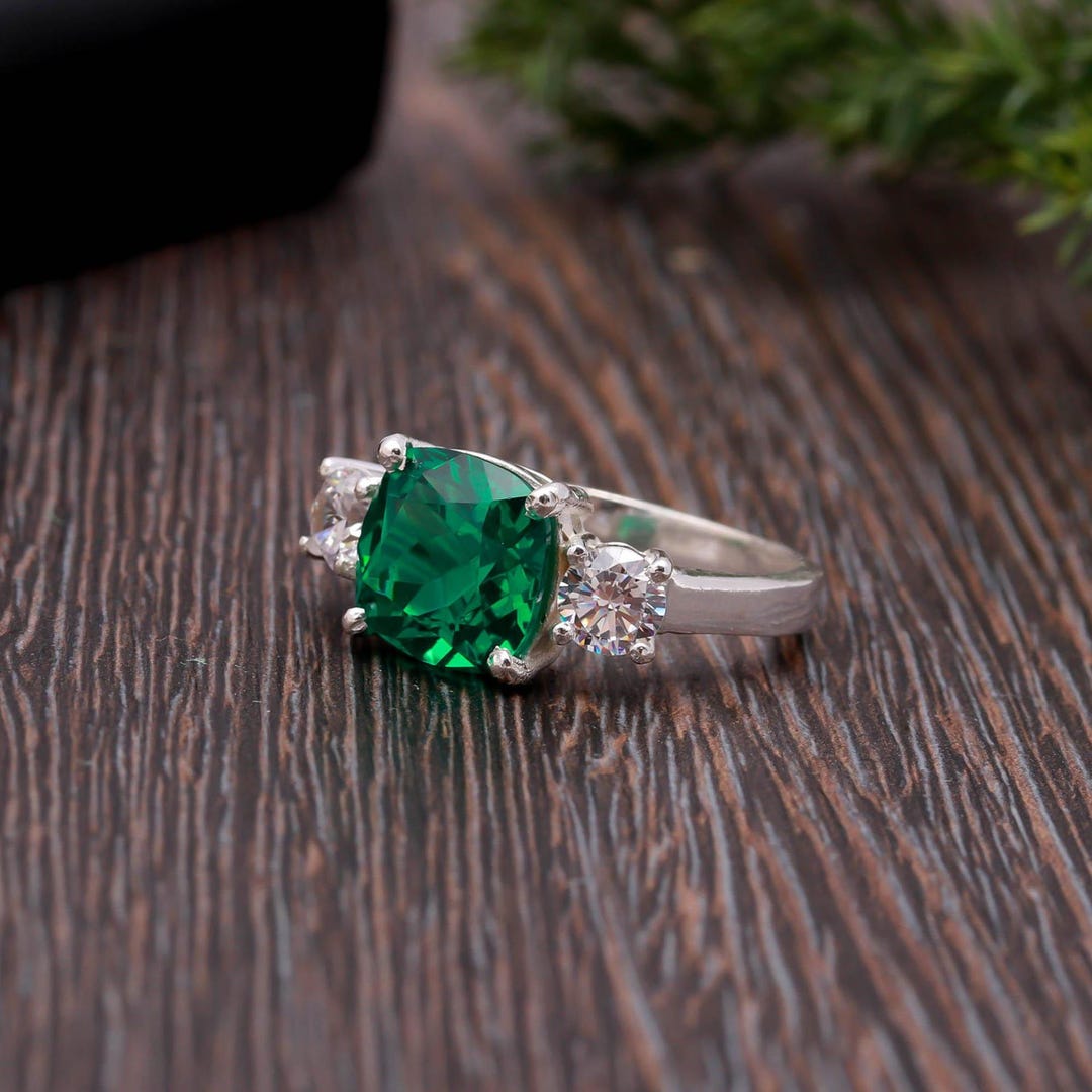 Cushion Cut Emerald Ring, Green Silver Ring, May Birthstone Jewelry ...