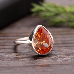 Pear Cut Padparadscha Sapphire Ring: Sterling Silver Statement Ring