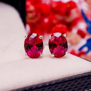 AAA Ruby Stud Earrings Mozambique Ruby Earrings Sterling Silver Earrings Ruby Oval Stud Gemstone Earrings July Birthstone Christmas Jewelry