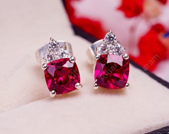 Red Ruby Stud Earrings, Genuine Ruby Earring July Birthstone Jewelry