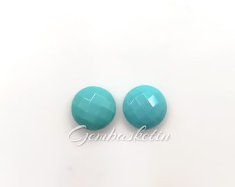 Turquoise Paire Ronde Flatback Checker Board Cut Cabochon / Sleeping Beauty Arizona Turquoise / Blue Color / 9 MM / 4 cts / Loose Gemstone