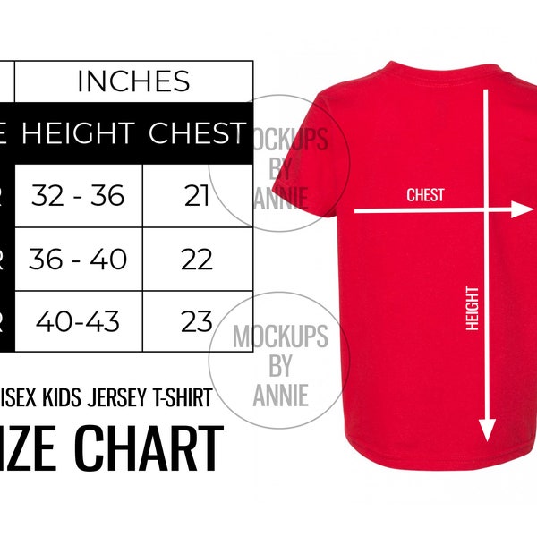 American Apparel 2105W Kids Jersey T-Shirt Unisex 2yrs - 6yrs Size Chart | Printful Tee Guide Mockup JPEG Download