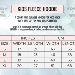 Puede incluir: Tabla de tallas para una sudadera con capucha de forro polar para niños, que muestra las medidas de ancho y largo en pulgadas y centímetros para las tallas S, M, L y XL.