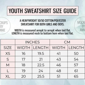 Gildan G180B Youth Unisex Heavy Blend Crew Sweatshirt XS - XL Size Chart | Sweater Guide Mockup JPEG Download