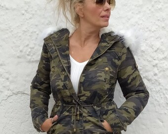 Fashion Damen Khaki Camouflage Bedruckt Winter Parka